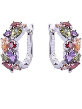 Vintage Silver-Tone Multi Gem Hoop Earrings - Colorful Stone Accent